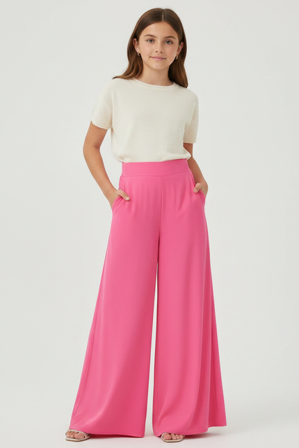 Pantalon Fluide Rose Vif Ample Taille Haute Élégant - Polyester