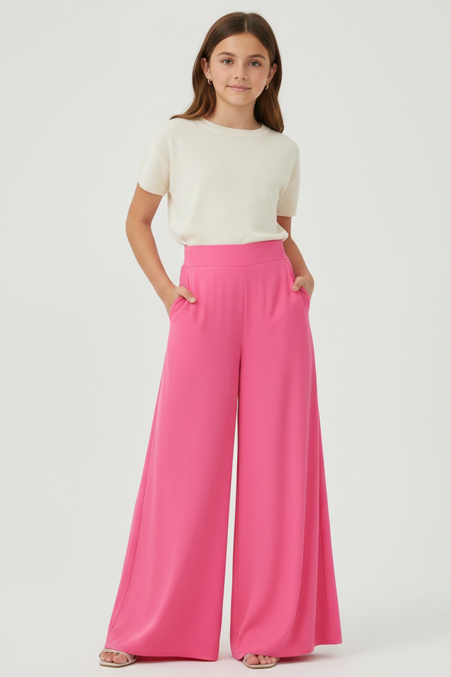 Pantalon Fluide Rose Vif Ample Taille Haute Élégant - Polyester