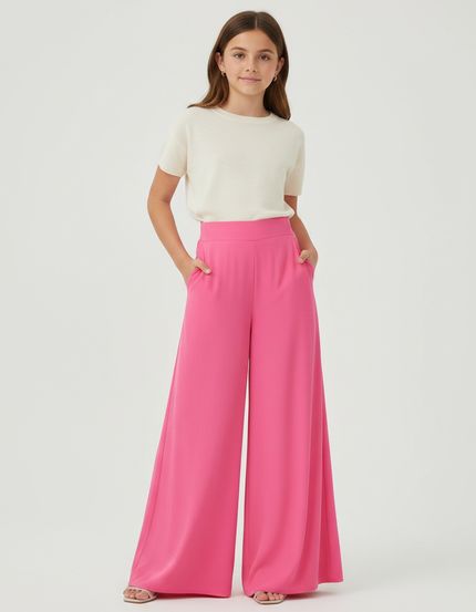 Pantalon Fluide Rose Vif Ample Taille Haute Élégant - Polyester