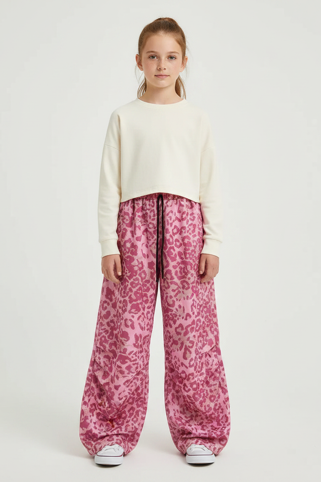 Pantalon Fluide Léopard Rose Ample Enfant Cordon - Polyester