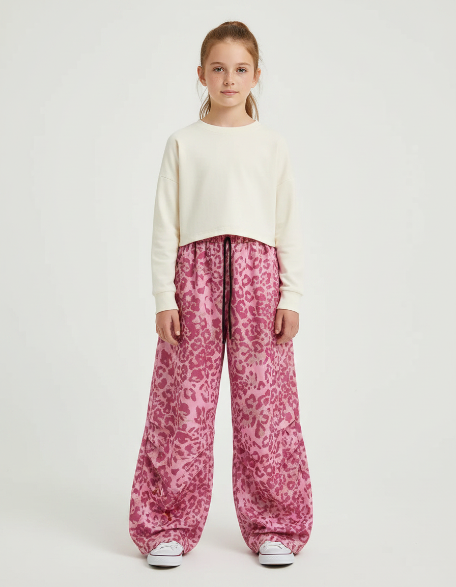 Pantalon Fluide Léopard Rose Ample Enfant Cordon - Polyester