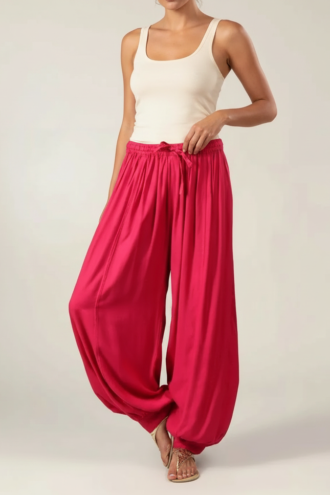 Pantalon Fluide Fuschia Ample Plissé Décontracté Femme - Rose Viscose