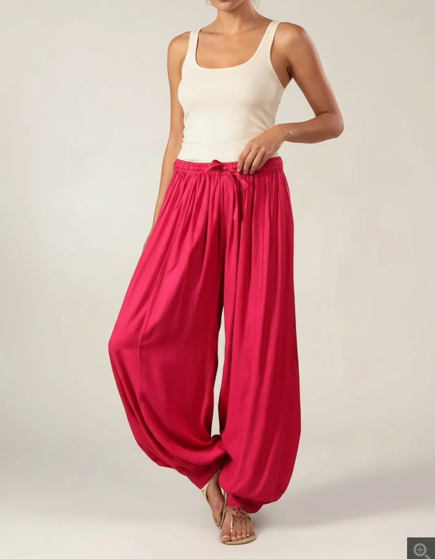 Pantalon Fluide Fuschia Ample Plissé Décontracté Femme - Rose Viscose