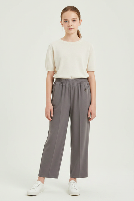 Pantalon Fluide Gris Droit Élastique Confortable Fille - Polyester
