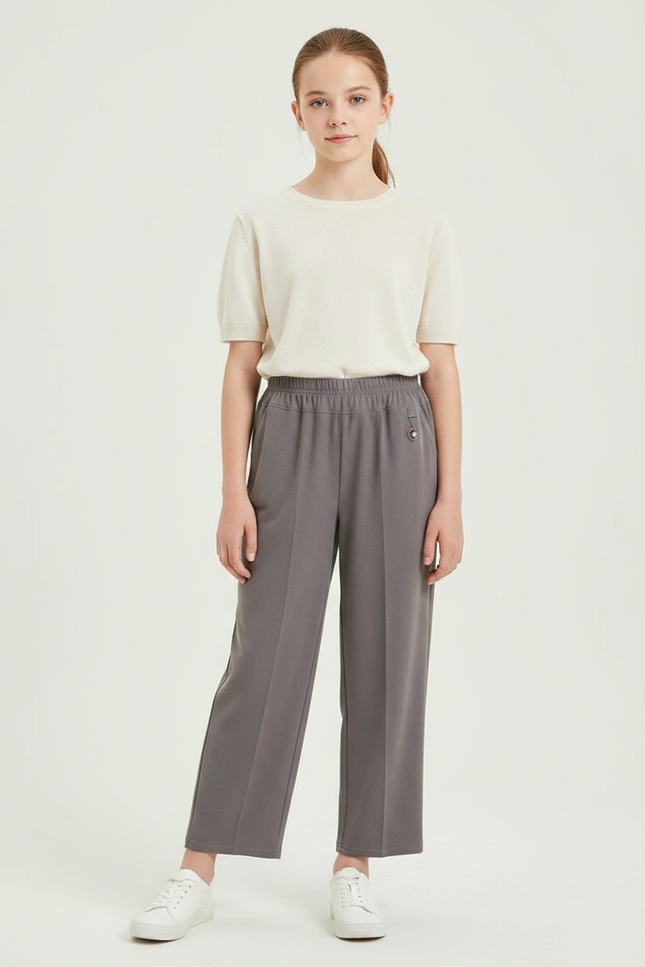 Pantalon Fluide Gris Droit Élastique Confortable Fille - Polyester