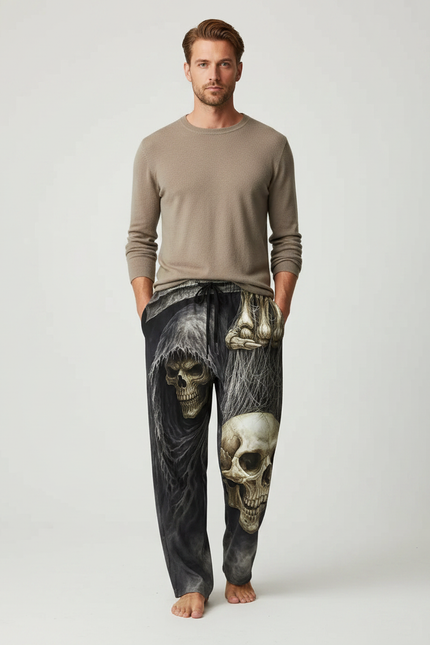 Pantalon Fluide Noir Ample Imprimé Crânes Gothique Homme - Viscose