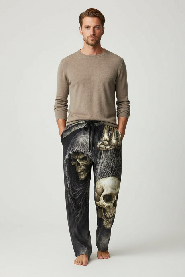 Pantalon Fluide Noir Ample Imprimé Crânes Gothique Homme - Viscose