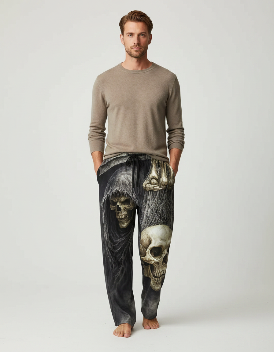 Pantalon Fluide Noir Ample Imprimé Crânes Gothique Homme - Viscose