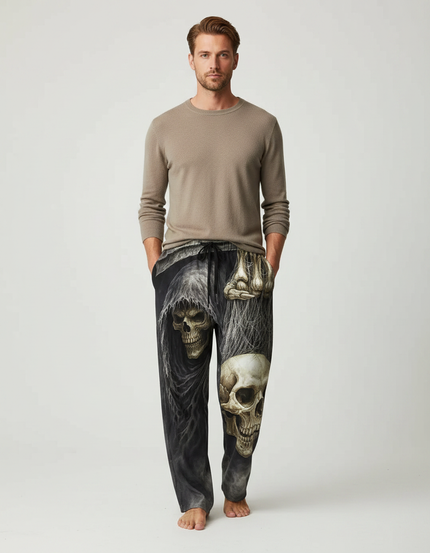 Pantalon Fluide Noir Ample Imprimé Crânes Gothique Homme - Viscose