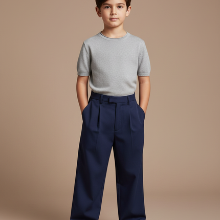 Pantalon Fluide Bleu Marine Ample Plissé Élégant Garçon - Gabardine