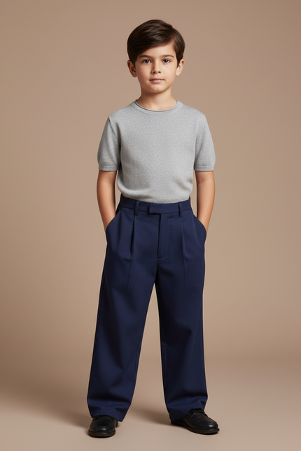 Pantalon Fluide Bleu Marine Ample Plissé Élégant Garçon - Gabardine