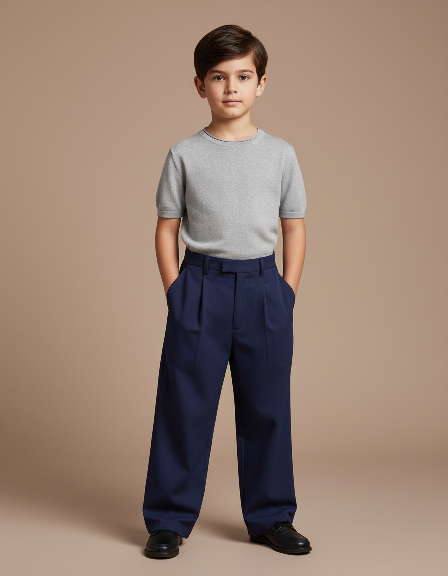 Pantalon Fluide Bleu Marine Ample Plissé Élégant Garçon - Gabardine