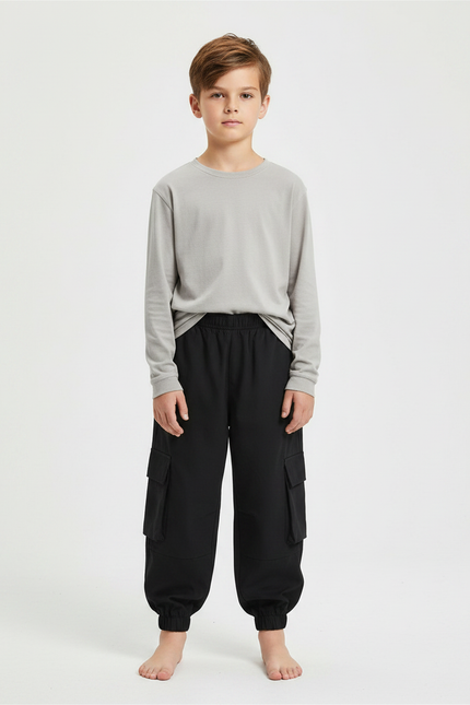 Pantalon Fluide Noir Cargo Ample Garçon Coton