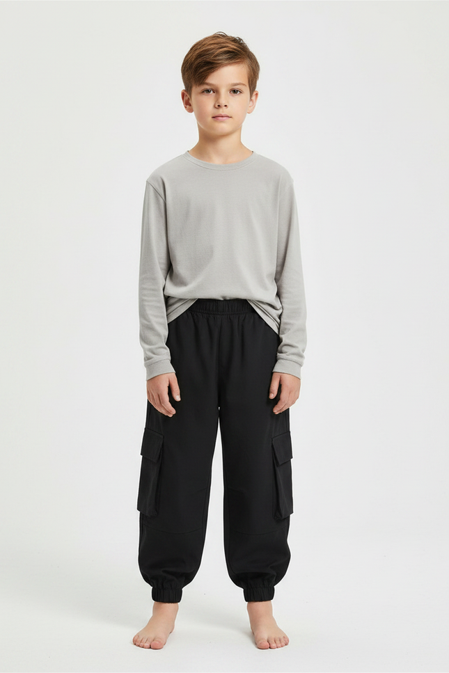 Pantalon Fluide Noir Cargo Ample Garçon Coton