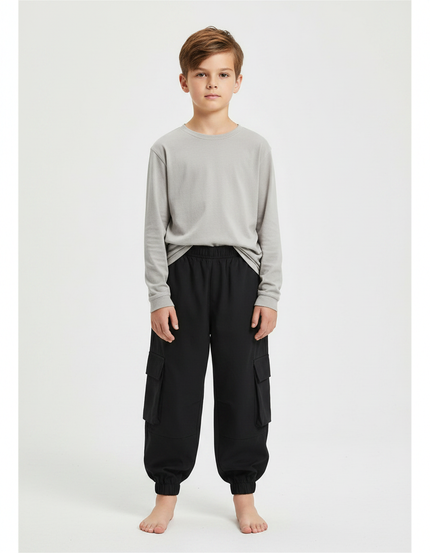 Pantalon Fluide Noir Cargo Ample Garçon Coton