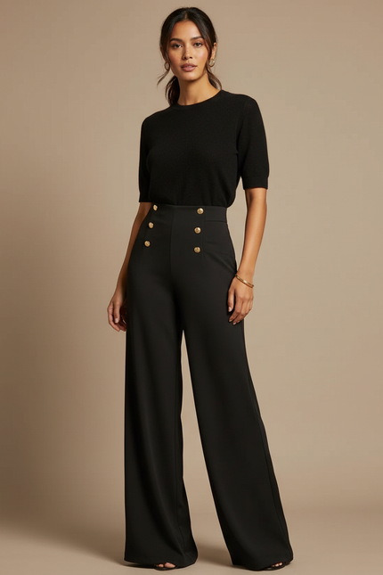 Pantalon Fluide Noir Taille Haute Boutons Dorés Élégant Large - Polyester