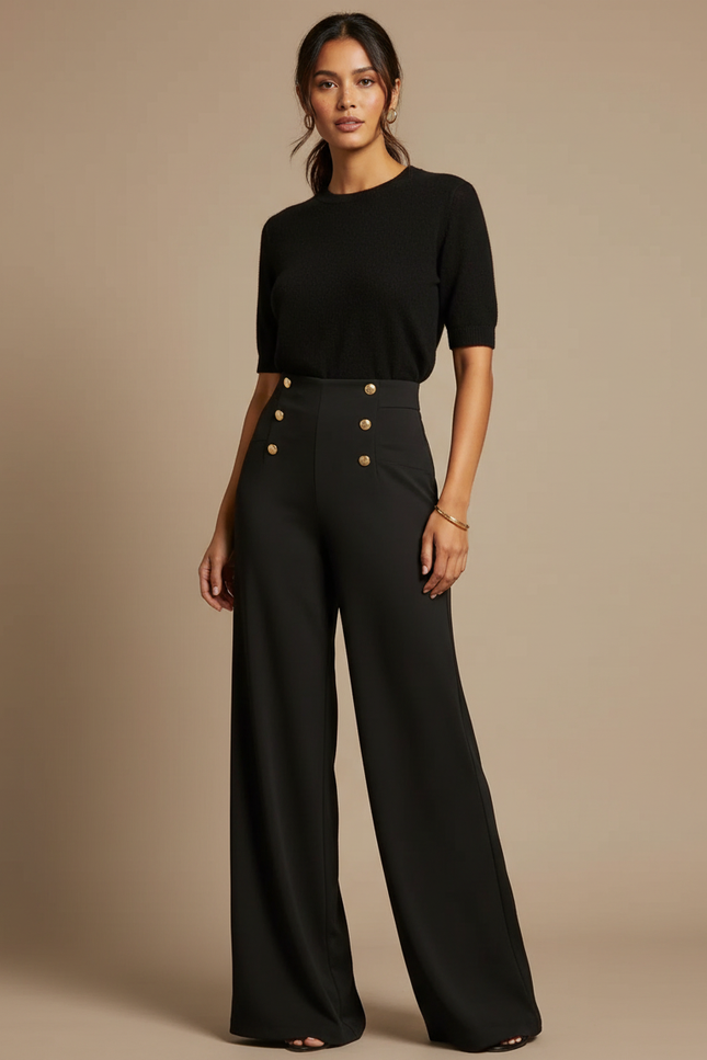Pantalon Fluide Noir Taille Haute Boutons Dorés Élégant Large - Polyester