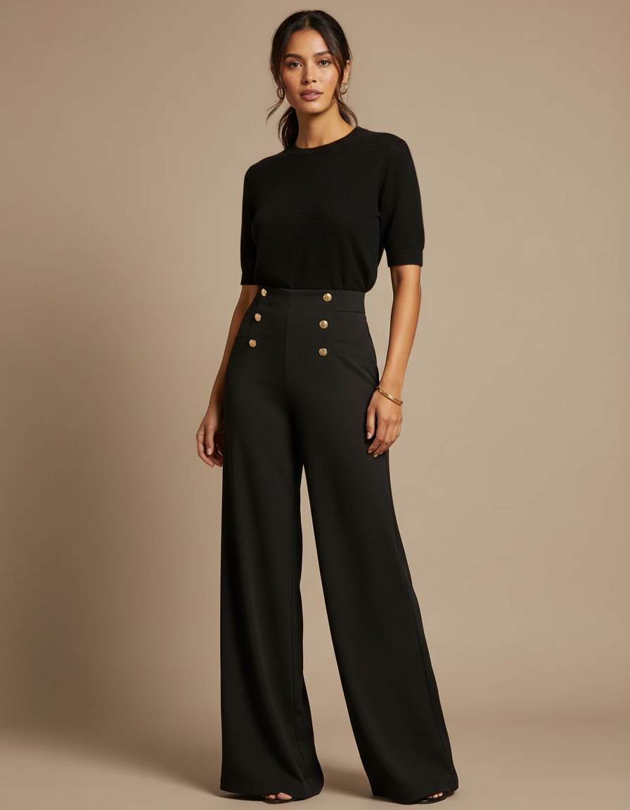 Pantalon Fluide Noir Taille Haute Boutons Dorés Élégant Large - Polyester