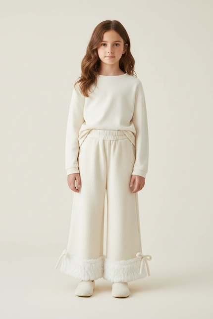 Pantalon Fluide Écru Ample Fourrure Hiver Enfant - Beige Molleton