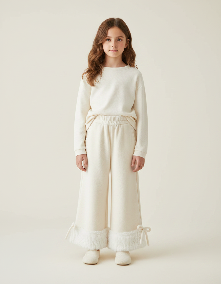Pantalon Fluide Écru Ample Fourrure Hiver Enfant - Beige Molleton
