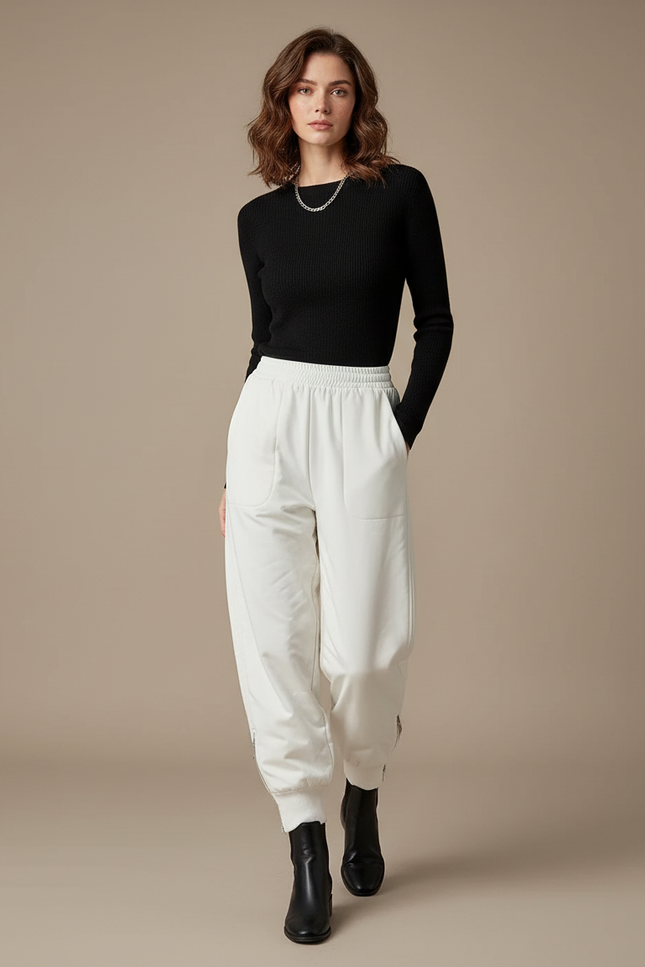 Pantalon Fluide Blanc Ample Décontracté Hiver Femme - Molleton