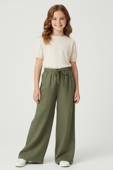 Pantalon Fluide Vert Ample Taille Élastique Lin - Kaki
