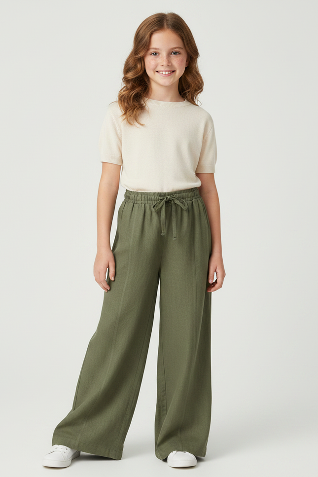 Pantalon Fluide Vert Ample Taille Élastique Lin - Kaki