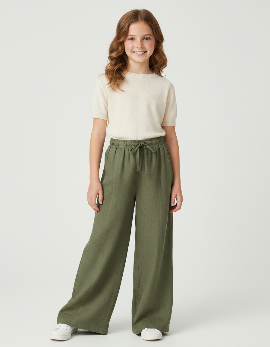Pantalon Fluide Vert Ample Taille Élastique Lin - Kaki