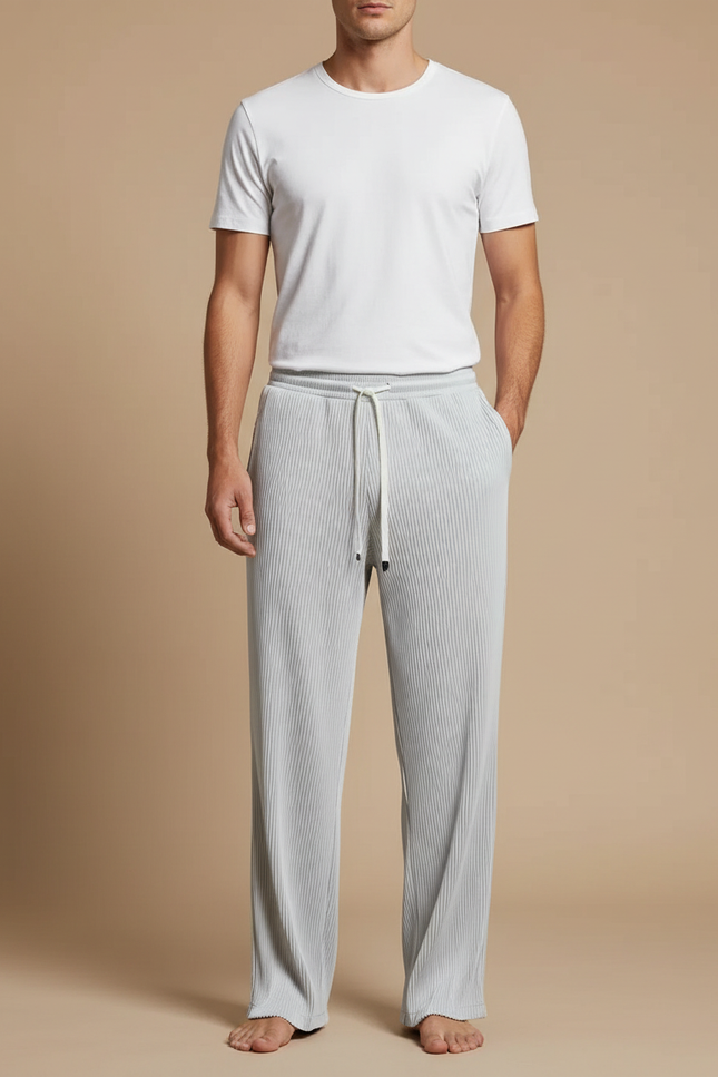 Pantalon Fluide Gris Plissé Droit Homme Cordon - Maille
