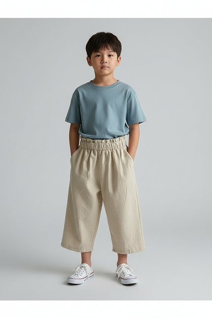 Pantalon Fluide Beige Coton Ample Enfant Élastique