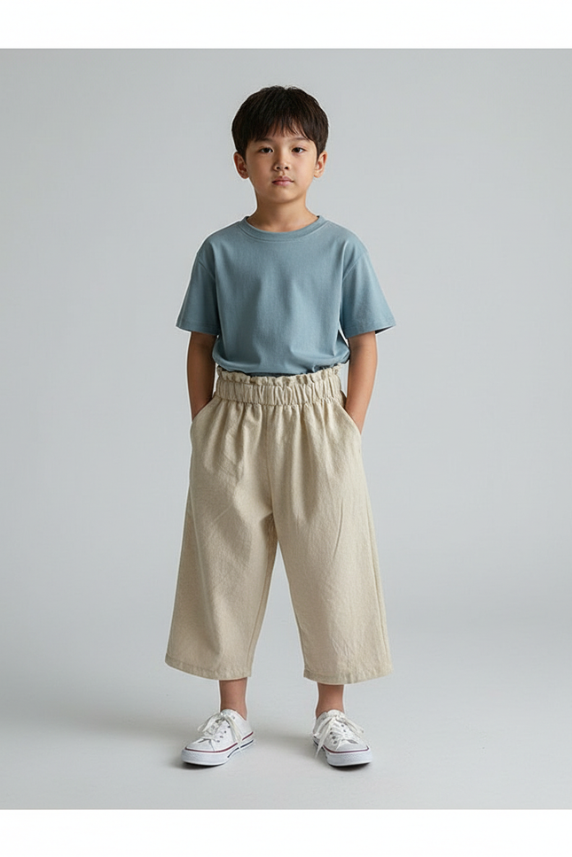 Pantalon Fluide Beige Coton Ample Enfant Élastique