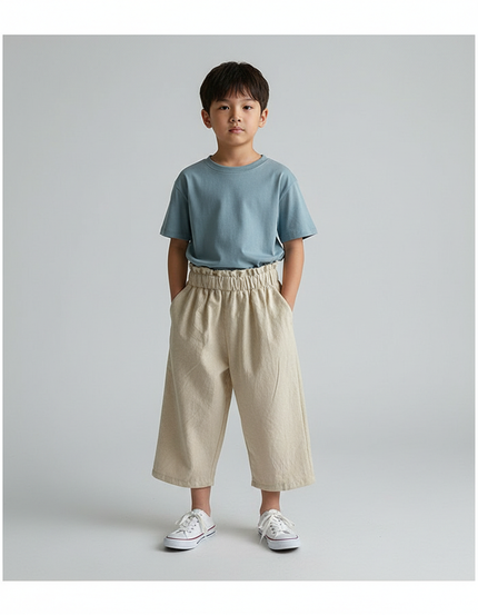 Pantalon Fluide Beige Coton Ample Enfant Élastique