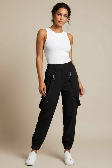 Pantalon Fluide Noir Cargo Bretelles Décontracté Streetwear - Gabardine