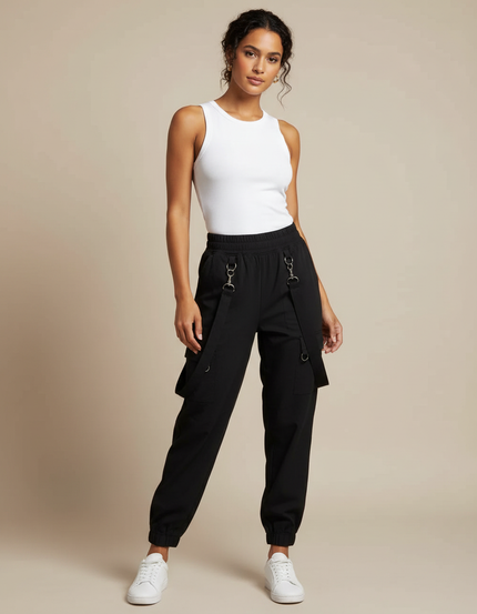 Pantalon Fluide Noir Cargo Bretelles Décontracté Streetwear - Gabardine