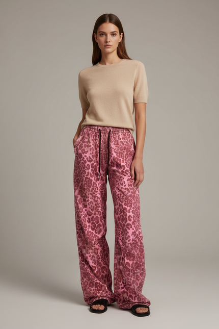 Pantalon Fluide Léopard Rose Ample Décontracté Cordon - Imprimé Satin