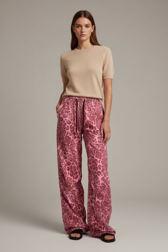 Pantalon Fluide Léopard Rose Ample Décontracté Cordon - Imprimé Satin