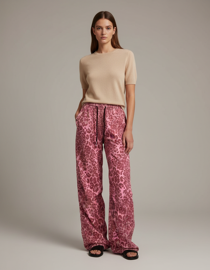 Pantalon Fluide Léopard Rose Ample Décontracté Cordon - Imprimé Satin