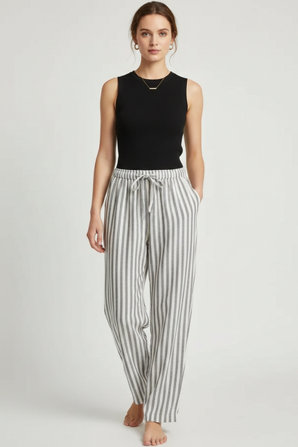 Pantalon Fluide Rayé Gris Blanc Coton Ample Décontracté - Imprimé