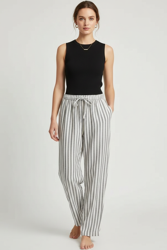 Pantalon Fluide Rayé Gris Blanc Coton Ample Décontracté - Imprimé