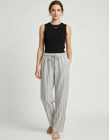 Pantalon Fluide Rayé Gris Blanc Coton Ample Décontracté - Imprimé