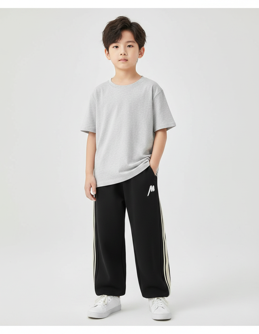 Pantalon Fluide Noir Ample Sport Rayures Latérales Enfant - Molleton