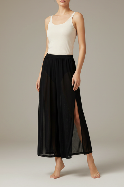 Pantalon Fluide Noir Transparent Fendu Ample Léger - Polyester