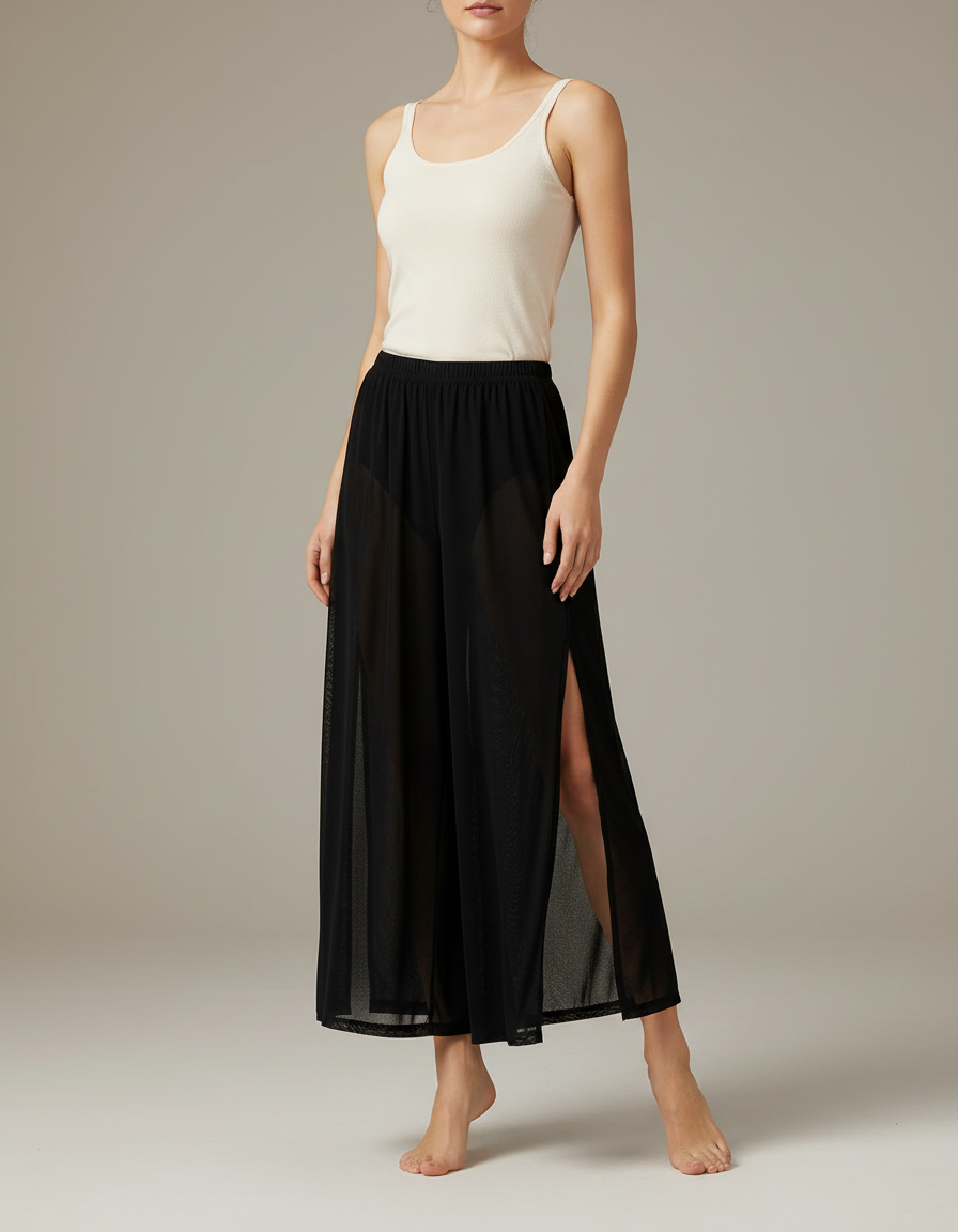 Pantalon Fluide Noir Transparent Fendu Ample Léger - Polyester