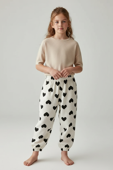 Pantalon Fluide Écru Cœurs Noirs Ample Muslin Enfant - Beige Coton