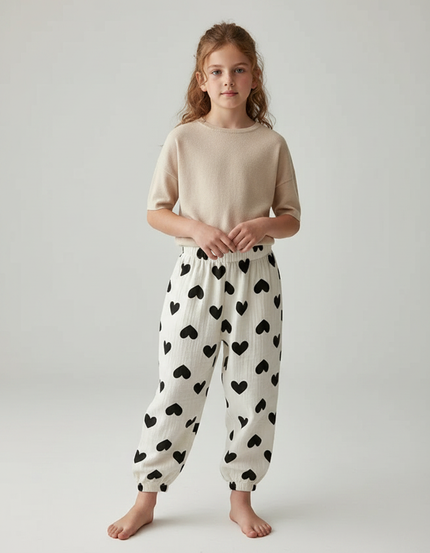 Pantalon Fluide Écru Cœurs Noirs Ample Muslin Enfant - Beige Coton