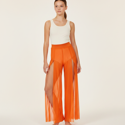 Pantalon Fluide Orange Transparent Fendu Large Élégant - Maille