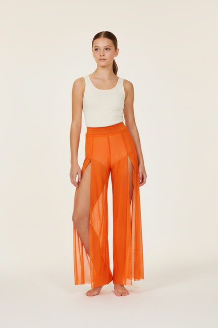 Pantalon Fluide Orange Transparent Fendu Large Élégant - Maille