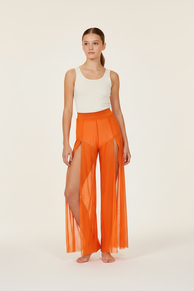 Pantalon Fluide Orange Transparent Fendu Large Élégant - Maille