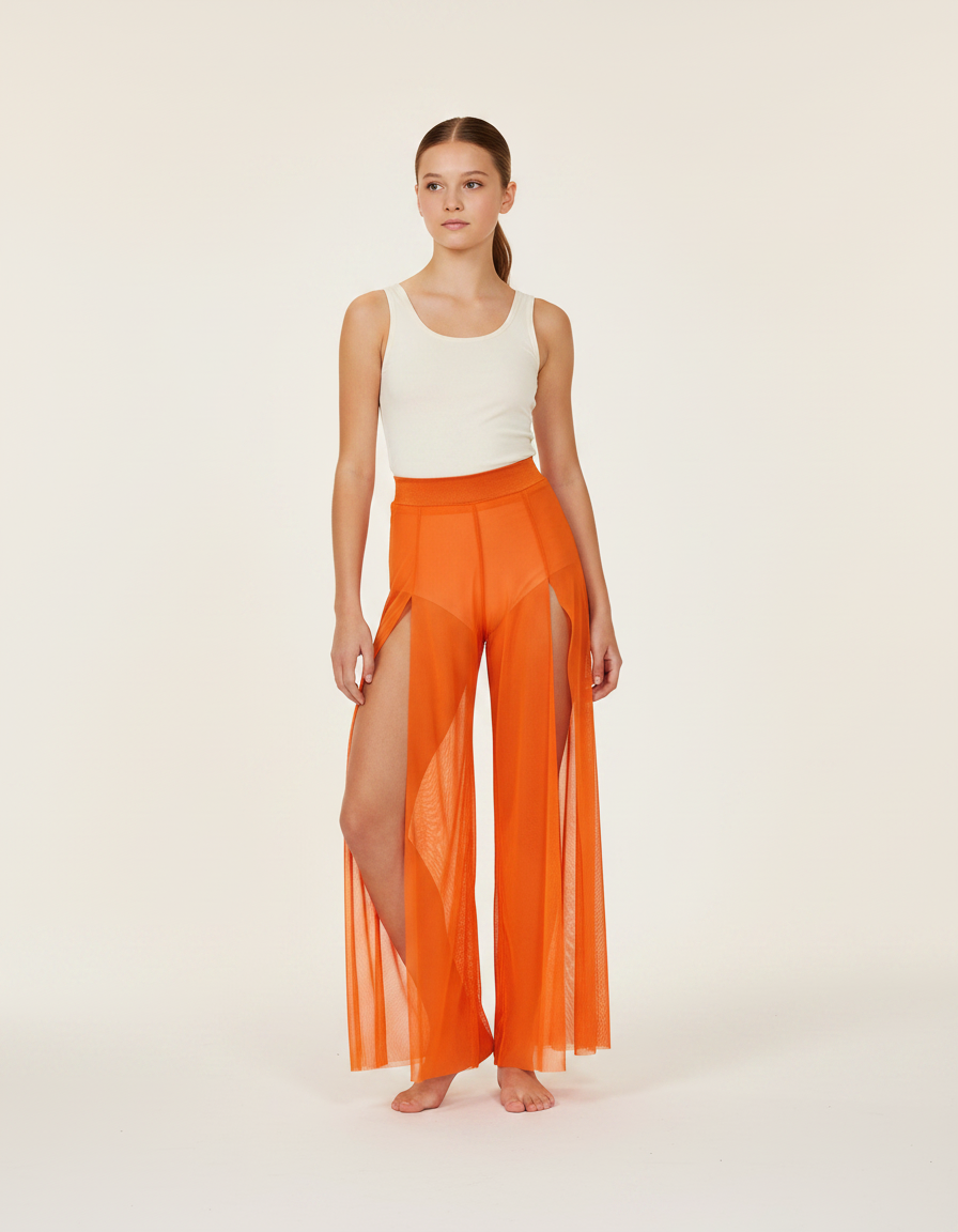 Pantalon Fluide Orange Transparent Fendu Large Élégant - Maille