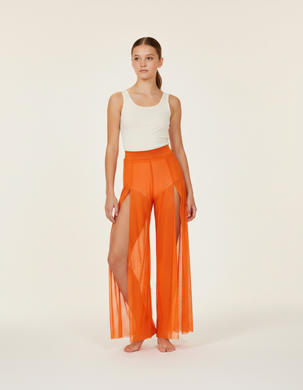 Pantalon Fluide Orange Transparent Fendu Large Élégant - Maille